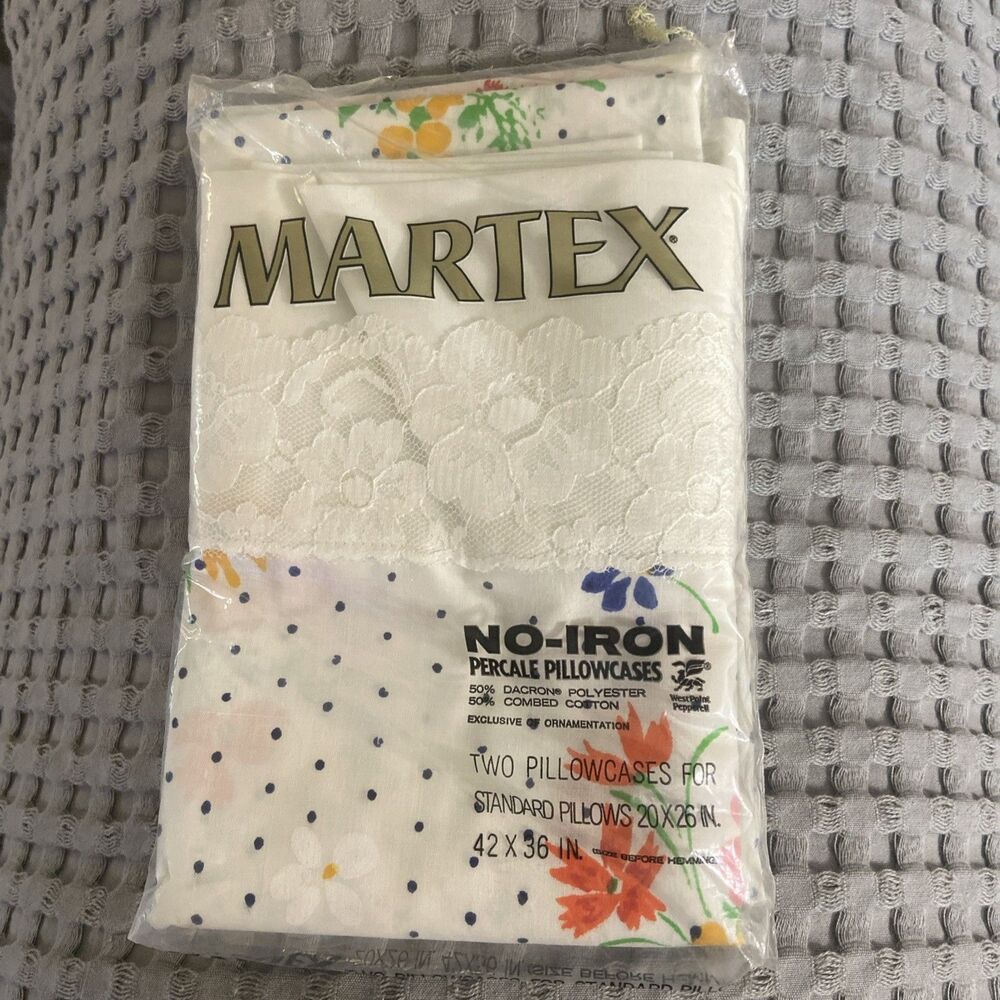Martex No-Iron Percale Pillowcases Standard 20”x26” Floral/Dot Qty 2 Vintage NOS